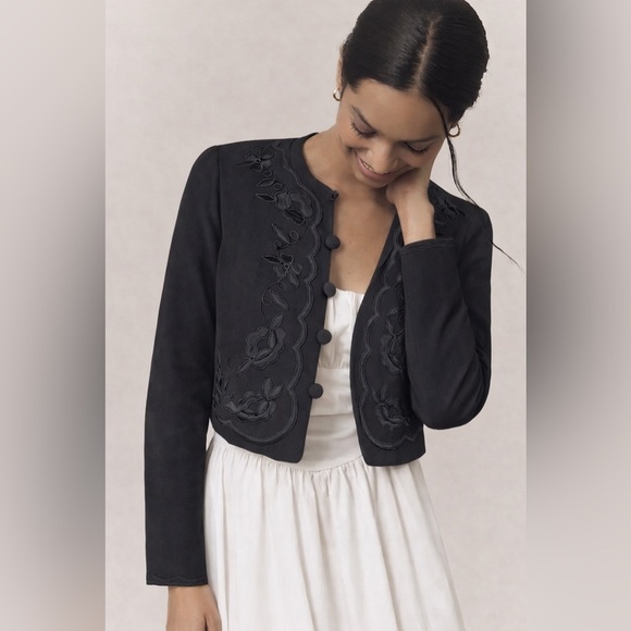 Talbots Jackets & Blazers - Talbots 2 Petite Black Embroidered Cropped Jacket | Floral Corded Detail